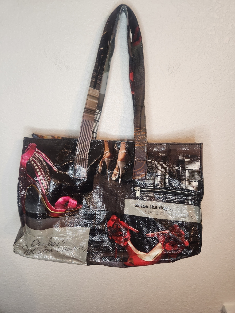 textured shiny vinyl high-heel-themed shopper tote bag